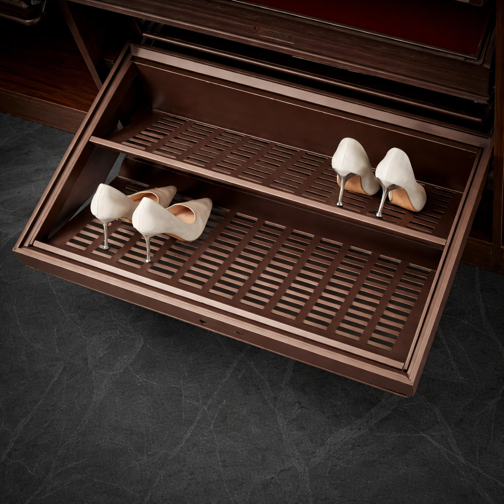 Elegant white heels in wooden drawer Board Type Shoe Rack - Image 1